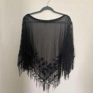 Black Sheer Beaded Fringe Poncho Sweater - one size NWOT